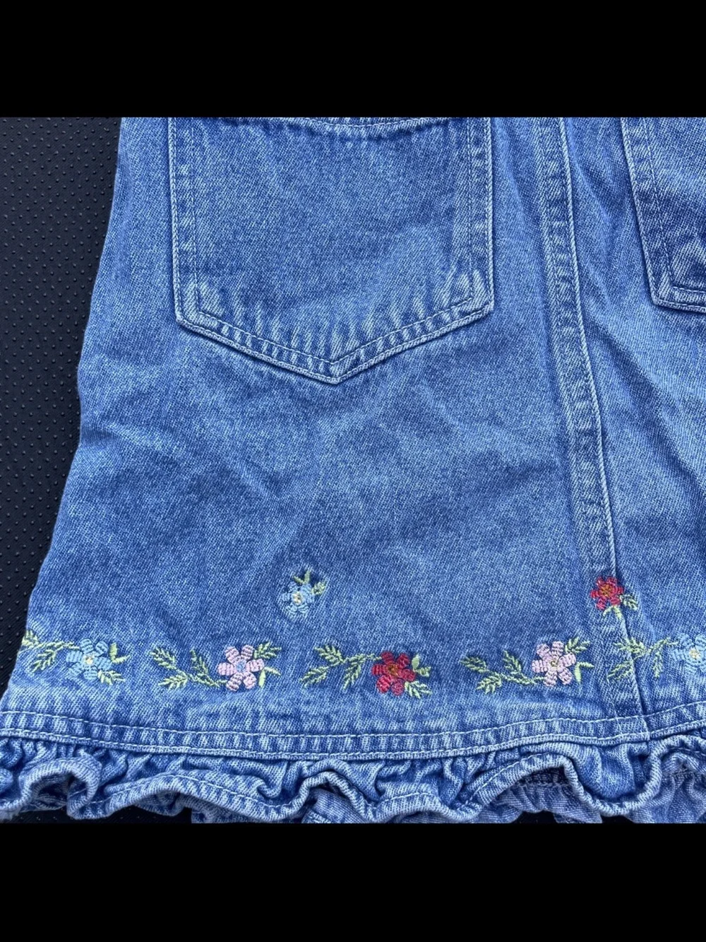 Vintage Faded Glory Blue Denim Floral Embroidered Overalls Dress